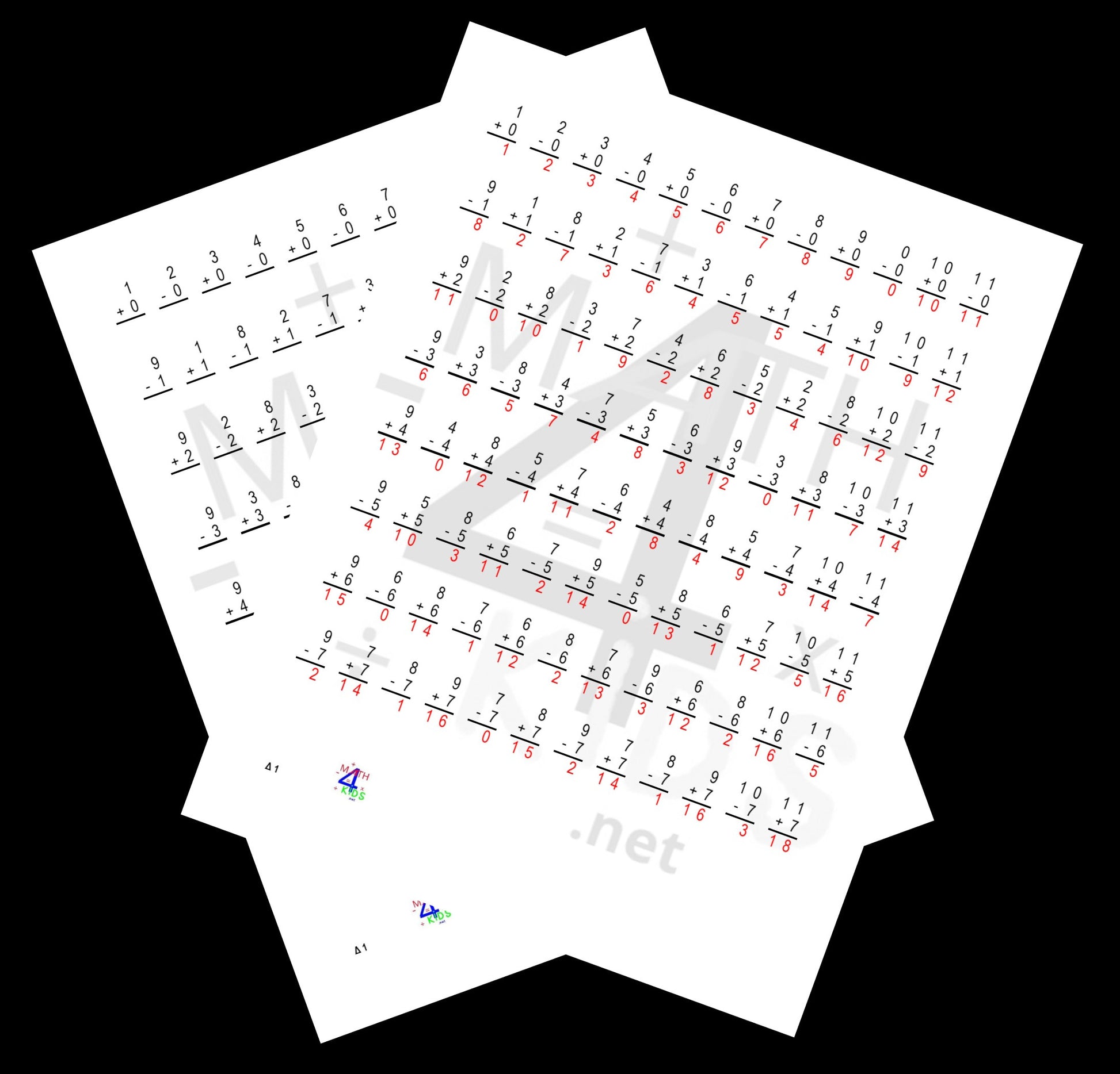 ten pages of mixed sign math problems and ten pages answer sheets for them, 960 total problems