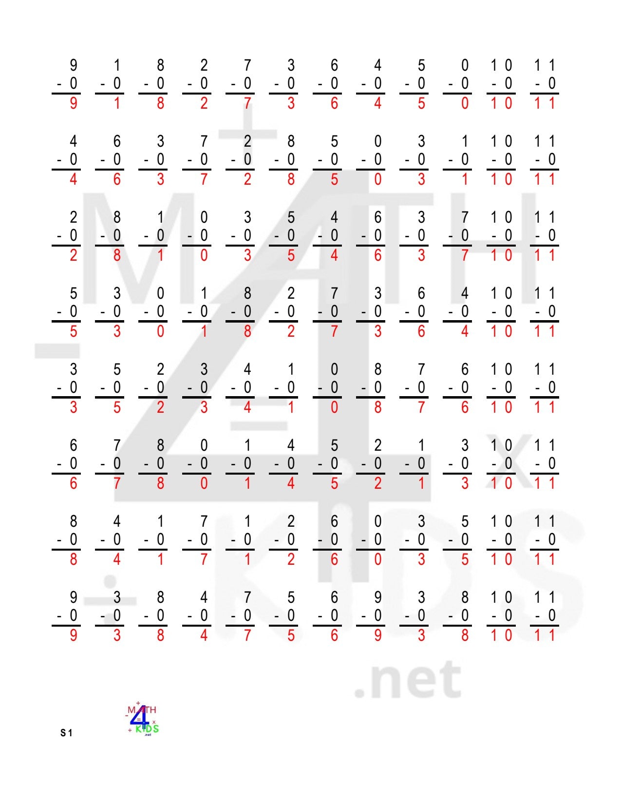 Answers for Subtraction Worksheets – Math4Kids.net
